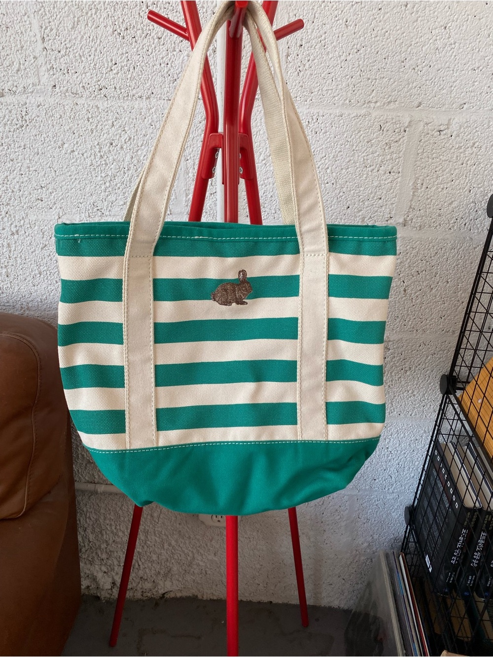 Lands' End Teal and Cream Striped Canvas Tote with Embroidered Rabbit and Name